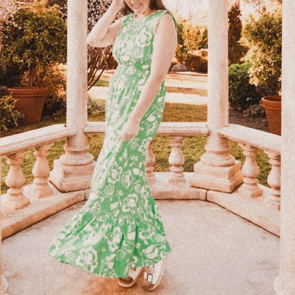 Draper James RSVP Green white vibrant spring Floral linen tiered maxi dress XXL - Picture 1 of 9